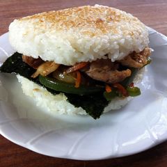 A picture of Rice Burger with Yakiniku Stirfry.
