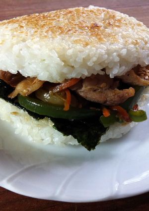 A picture of Rice Burger with Yakiniku Stirfry.