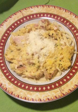 Une photo de Spaghetti à la carbona-truite