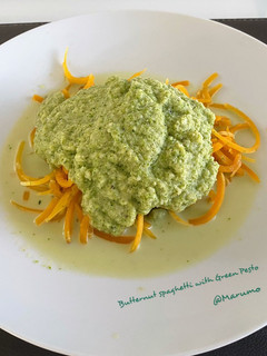 A picture of Butternut spaghetti with Green Pesto.