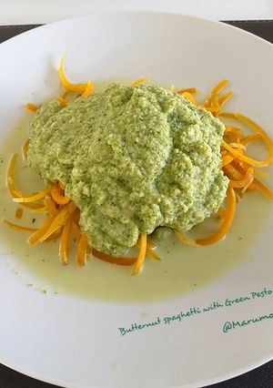 A picture of Butternut spaghetti with Green Pesto.