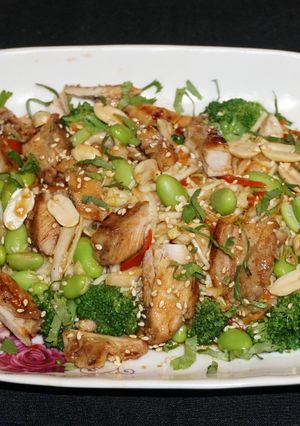 A picture of Asian grilled chicken with edamame salad.