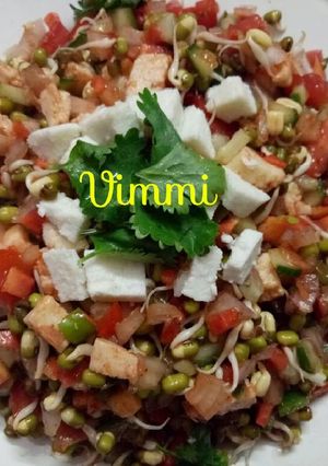 A picture of Moong sprouts, tofu & veg salad.