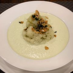 A picture of Chilled cucumber, cauliflower and ginger cold soup.