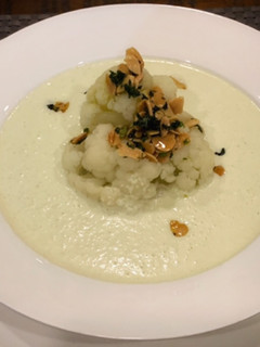 A picture of Chilled cucumber, cauliflower and ginger cold soup.