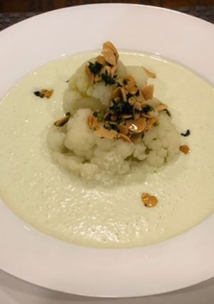 A picture of Chilled cucumber, cauliflower and ginger cold soup.