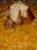 Risotto ibérico con salchichas parrilleras y salsa de chiles