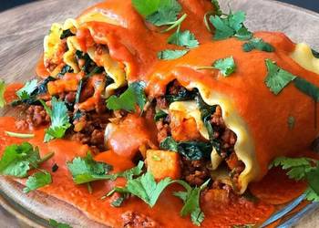 Fast Cooking Methods Vegan Plant Based Chorizo Sweet Potato  Spinach Rollatas with Spicy Coconut Indian Curry Sauce Savory Delicious
