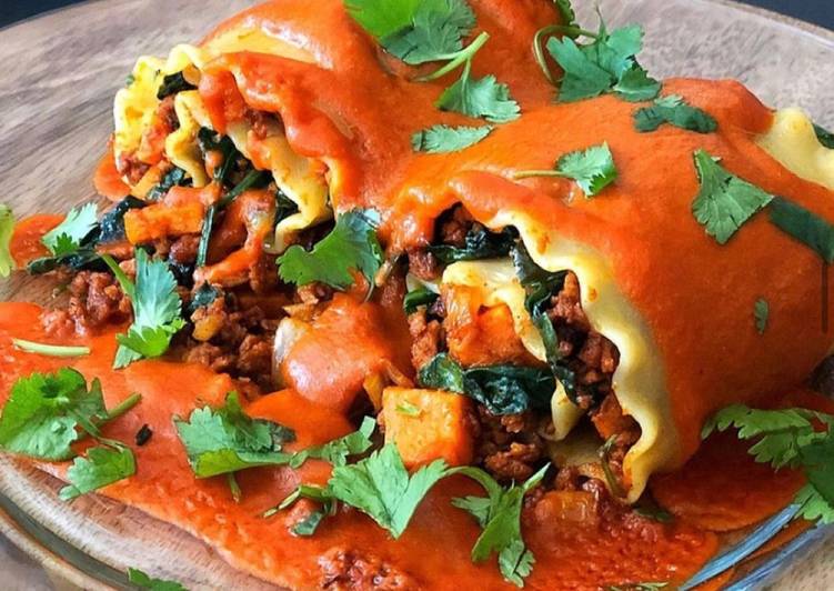 Vegan Plant Based Chorizo, Sweet Potato & Spinach Rollatas with Spicy Coconut Indian Curry Sauce