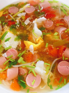A picture of Egg, Tomato, and Sausage Soup.