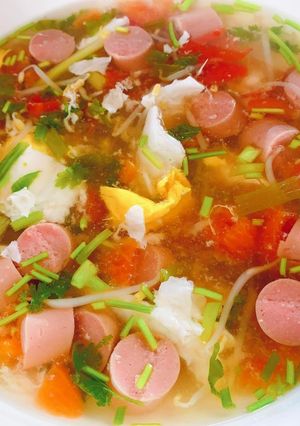 A picture of Egg, Tomato, and Sausage Soup.