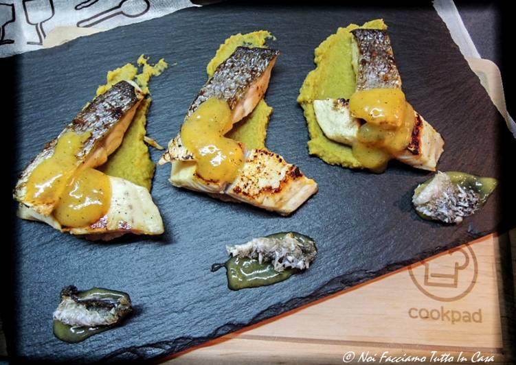 Trancetti di Orata marinati con crema di piselli e salsa all’arancia