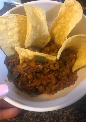 Una foto de Lentejas con chorizo de soya!