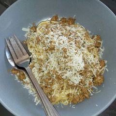 A picture of Bigoli with beef and Grana Padano.