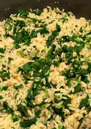 A picture of Orzo Spinach and Pinnoli Nut Sautee.
