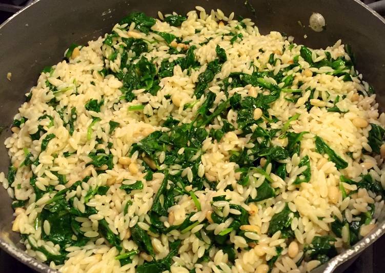 Simple Way to Prepare Speedy Orzo Spinach and Pinnoli Nut Sautee