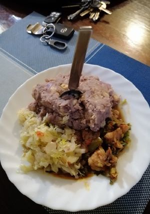 A picture of #themechallenge arrow roots, beans and maize mukimo served beef.
