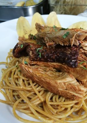 Una foto de Spaghetti con pavo a la norteña
