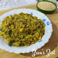 A picture of Barnyard Millet Pulao with Leek and Vegetables.
