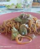 Spaghetti de ajo y guindilla con alcachofas