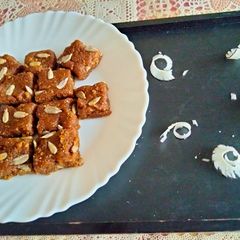 Dry coconut and jaggery Burfi A picture of Dry coconut and jaggery Burfi.