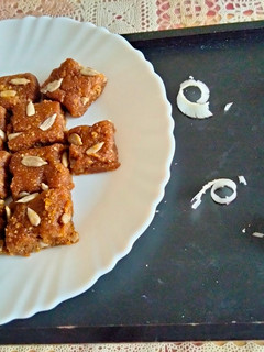 A picture of Dry coconut and jaggery Burfi.