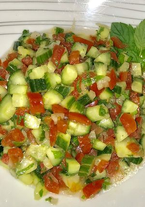 A picture of Moroccan cucumber tomato salad.