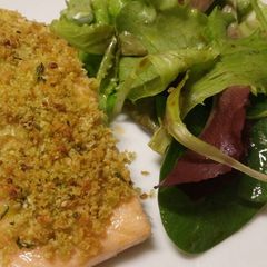 A picture of Salmon with garlic, parsley and pistachio crust.