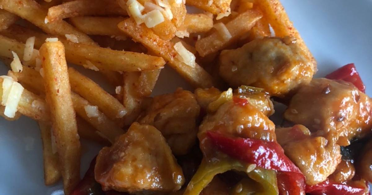 Sweet Chilli Chicken with Chilli Cheese Chips Recipe by Red_Chilli