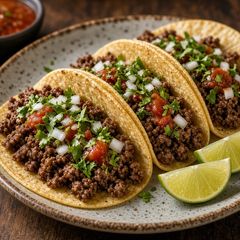 A picture of Crispy-Edged Ground Beef Tacos with Quick Lime Onions.