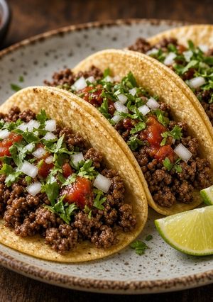 A picture of Crispy-Edged Ground Beef Tacos with Quick Lime Onions.