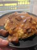 Crock pot Steak bites and gravy over mashed potatoes