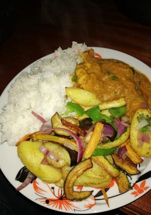 A picture of Chicken stew, roasted vegetables and rice.