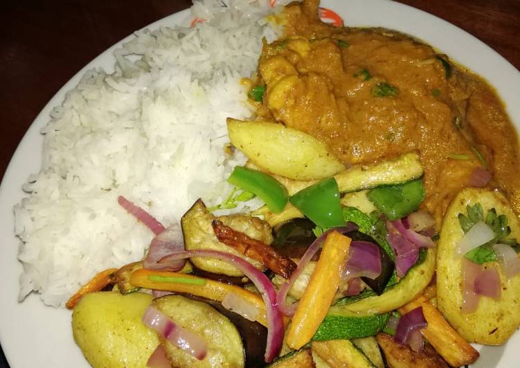 Chicken stew, roasted vegetables and rice