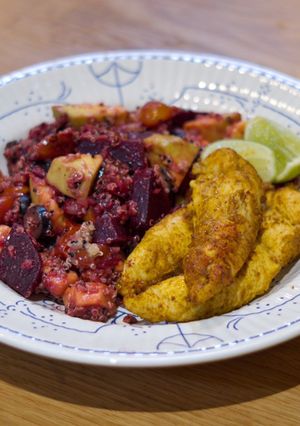 A picture of Quinoa Salad with Beetroot and Satay Chicken.