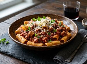 Una foto de 🍝 Falsa Boloñesa de Lomo con Rigatoni Proteico (Bomba de Macros Rápida)