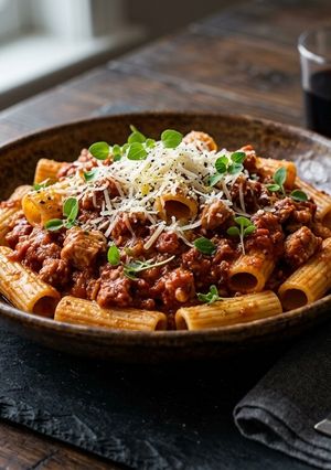 Una foto de 🍝 Falsa Boloñesa de Lomo con Rigatoni Proteico (Bomba de Macros Rápida)