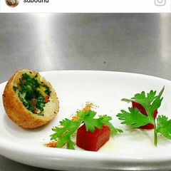 A picture of Pok Choi & stuffed Tofu with tangy tomato jelly.