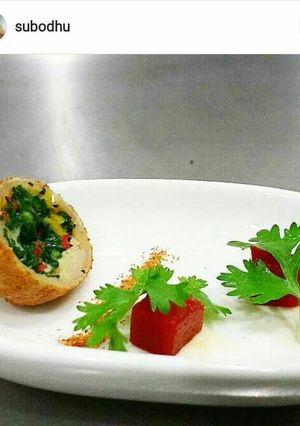A picture of Pok Choi & stuffed Tofu with tangy tomato jelly.