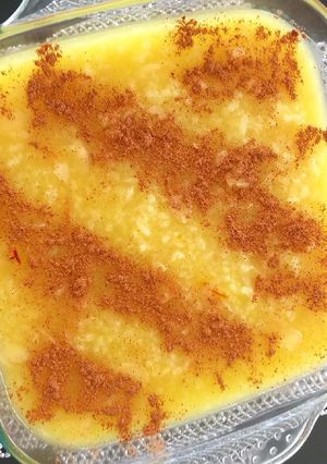 A picture of Saffron rice pudding(shole zard).