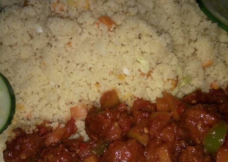 Stir fry couscous with meat balls stew