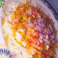 A picture of Cabbage, carrot, tomato n onion.