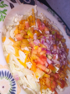 A picture of Cabbage, carrot, tomato n onion.