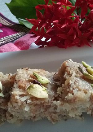 A picture of Kachche Nariyal ki homemade barfi.