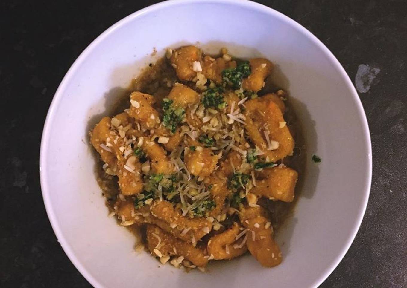 Sweet potato gnocchi w/ garlic and sage sauce & coriander pesto