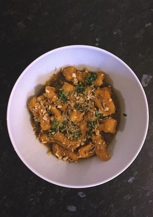 A picture of Sweet potato gnocchi w/ garlic and sage sauce & coriander pesto.