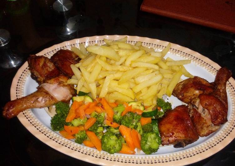 Recipe of Perfect Roast chicken with Fries and mixed vegetables