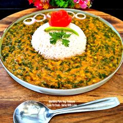 A picture of Dal Palak - Spinach Green Moong dal with Basmati Rice - Iron-Packed Protein-Rich Comfort Meal.