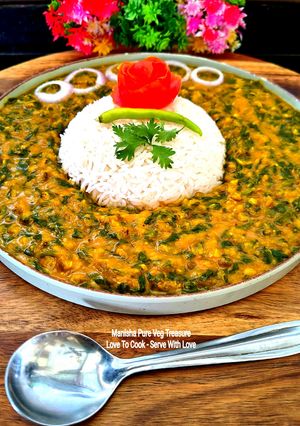 A picture of Dal Palak - Spinach Green Moong dal with Basmati Rice - Iron-Packed Protein-Rich Comfort Meal.