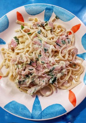 A picture of Egg Noodles with Scallion, Ham, and Cream Cheese Sauce.
